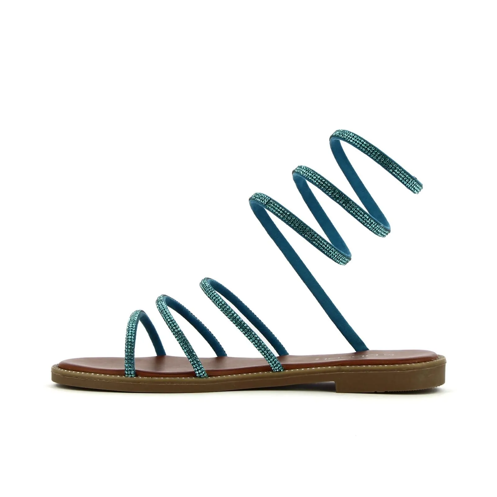 Sandali azzurri bassi con cinturino a spirale con strass