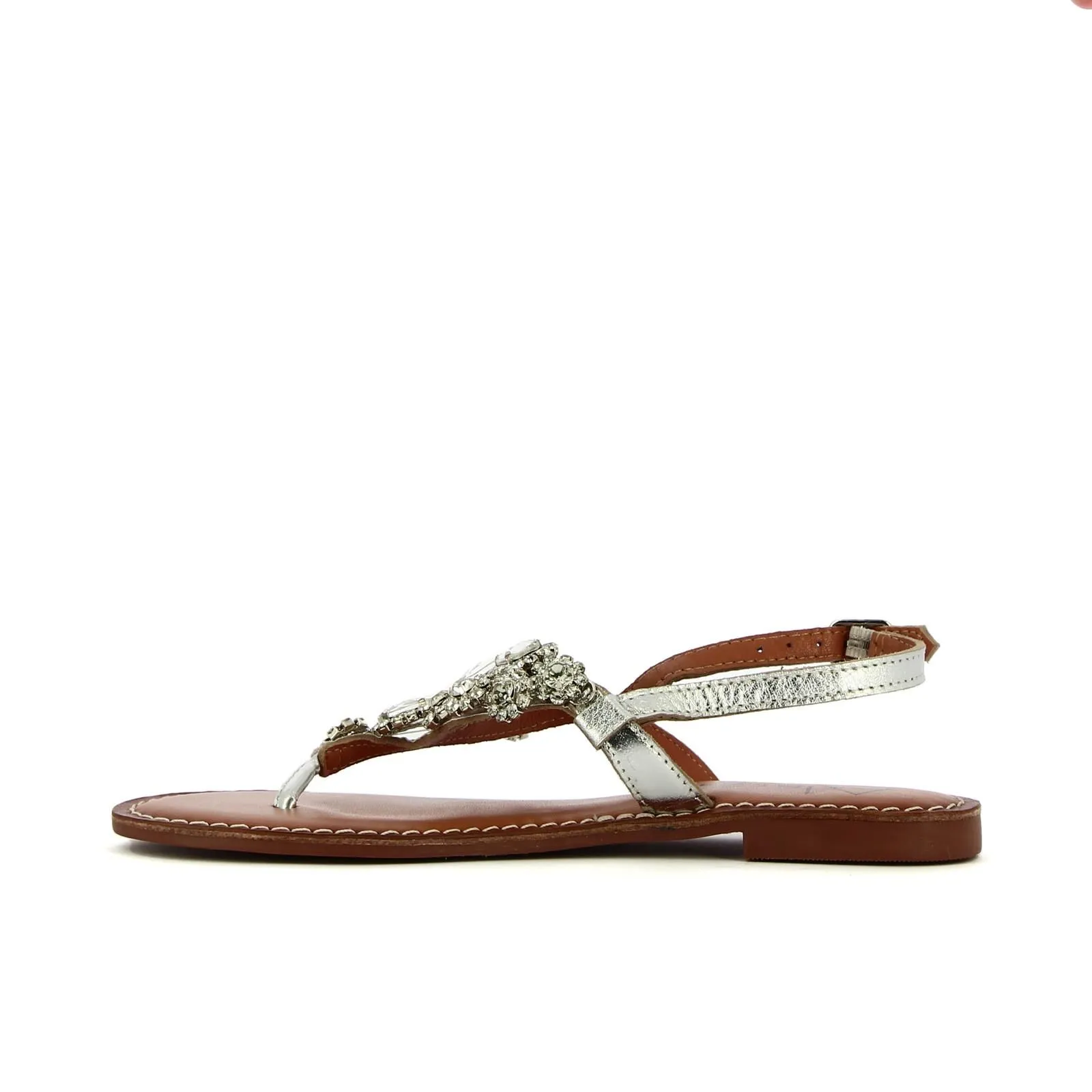 Sandali bassi argento modello infradito in pelle con pietre gioiello