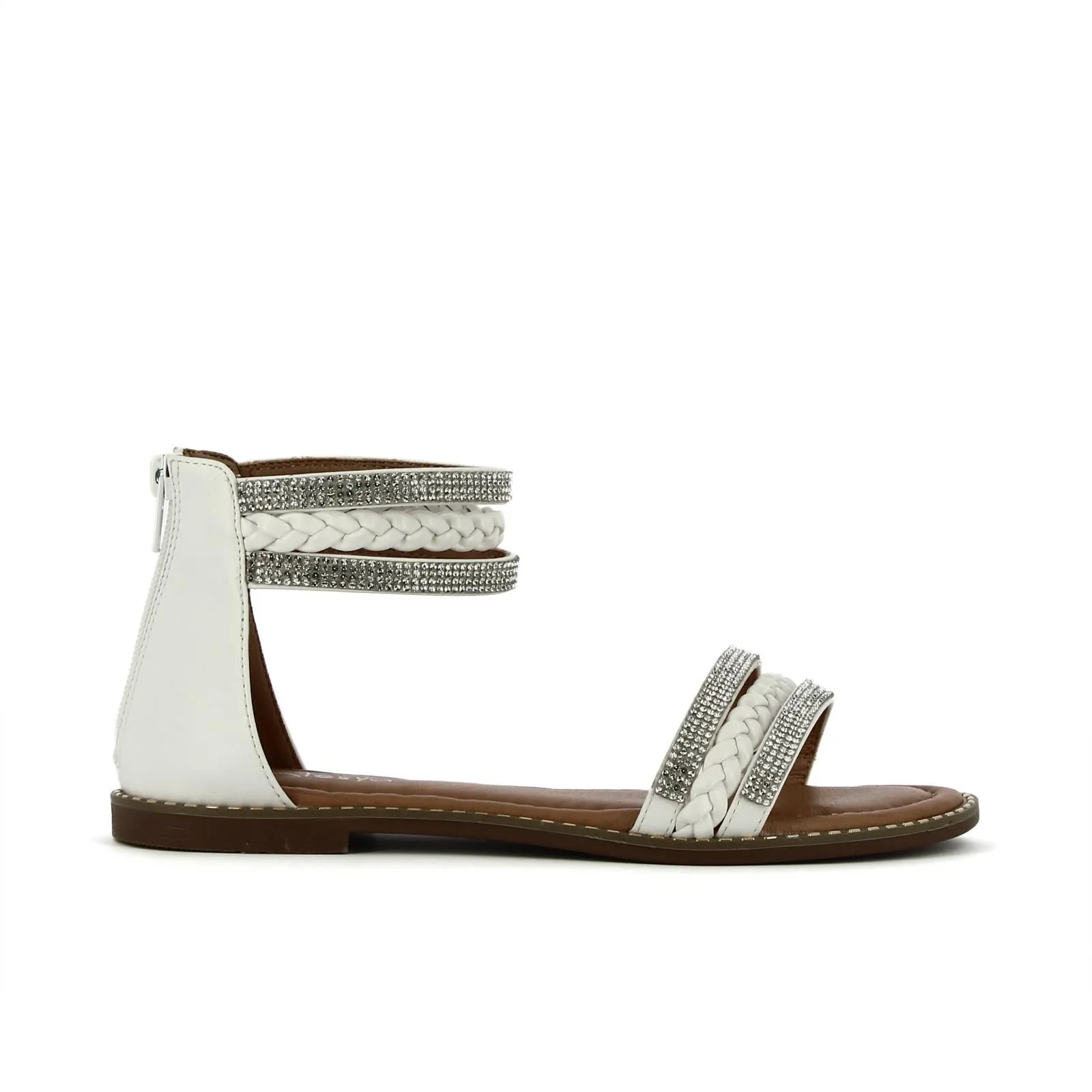 Sandali bassi bianchi con zip posteriore e cinturini con strass