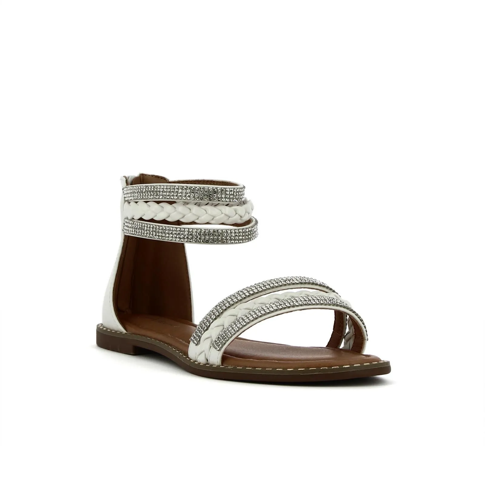 Sandali bassi bianchi con zip posteriore e cinturini con strass