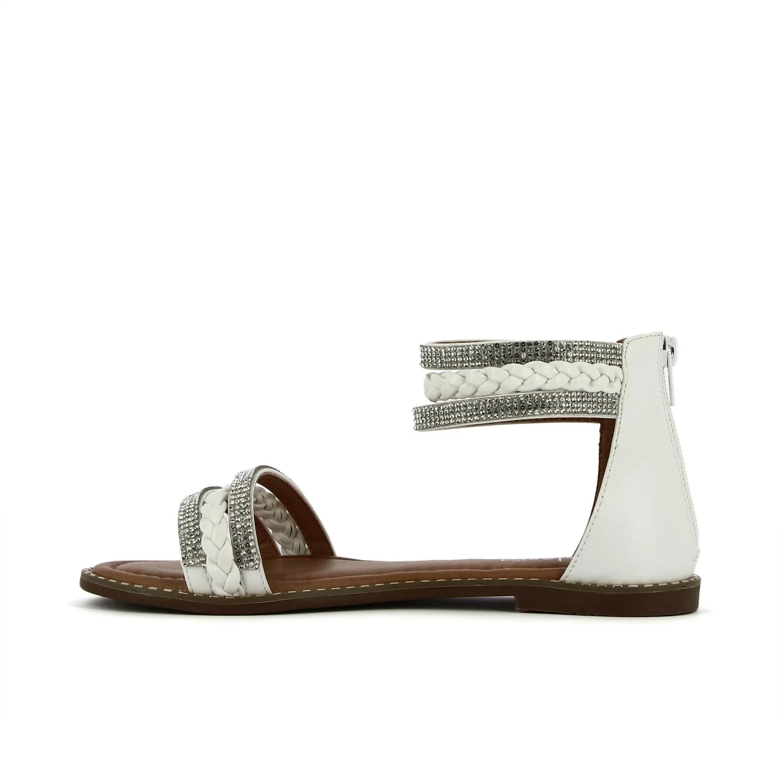 Sandali bassi bianchi con zip posteriore e cinturini con strass