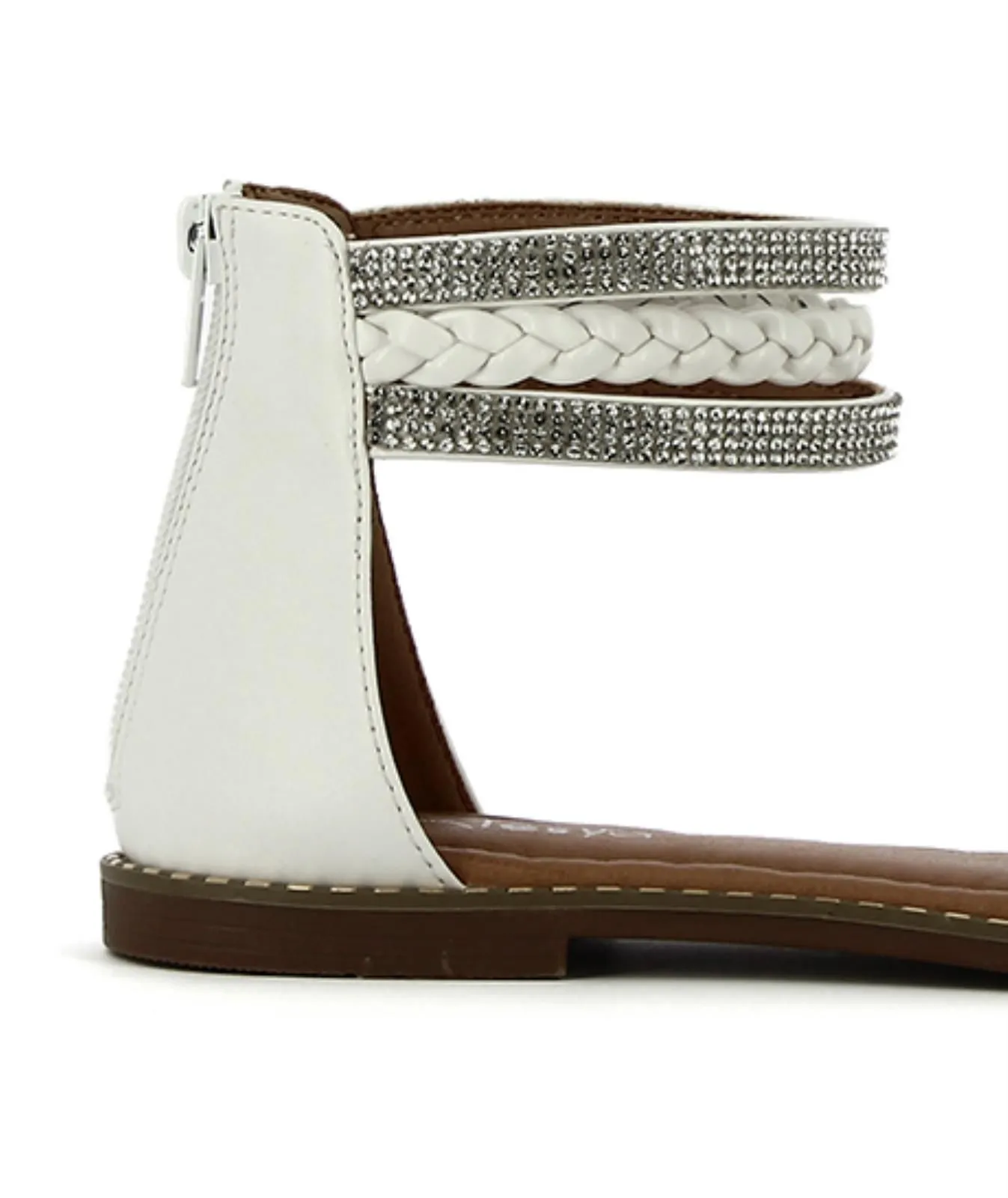 Sandali bassi bianchi con zip posteriore e cinturini con strass