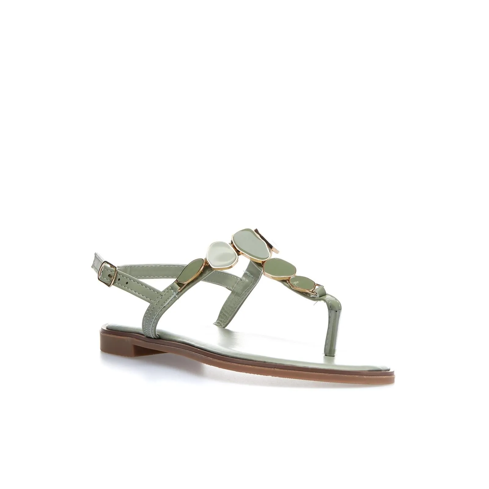 Sandali bassi infradito verde militare con pietre gioiello