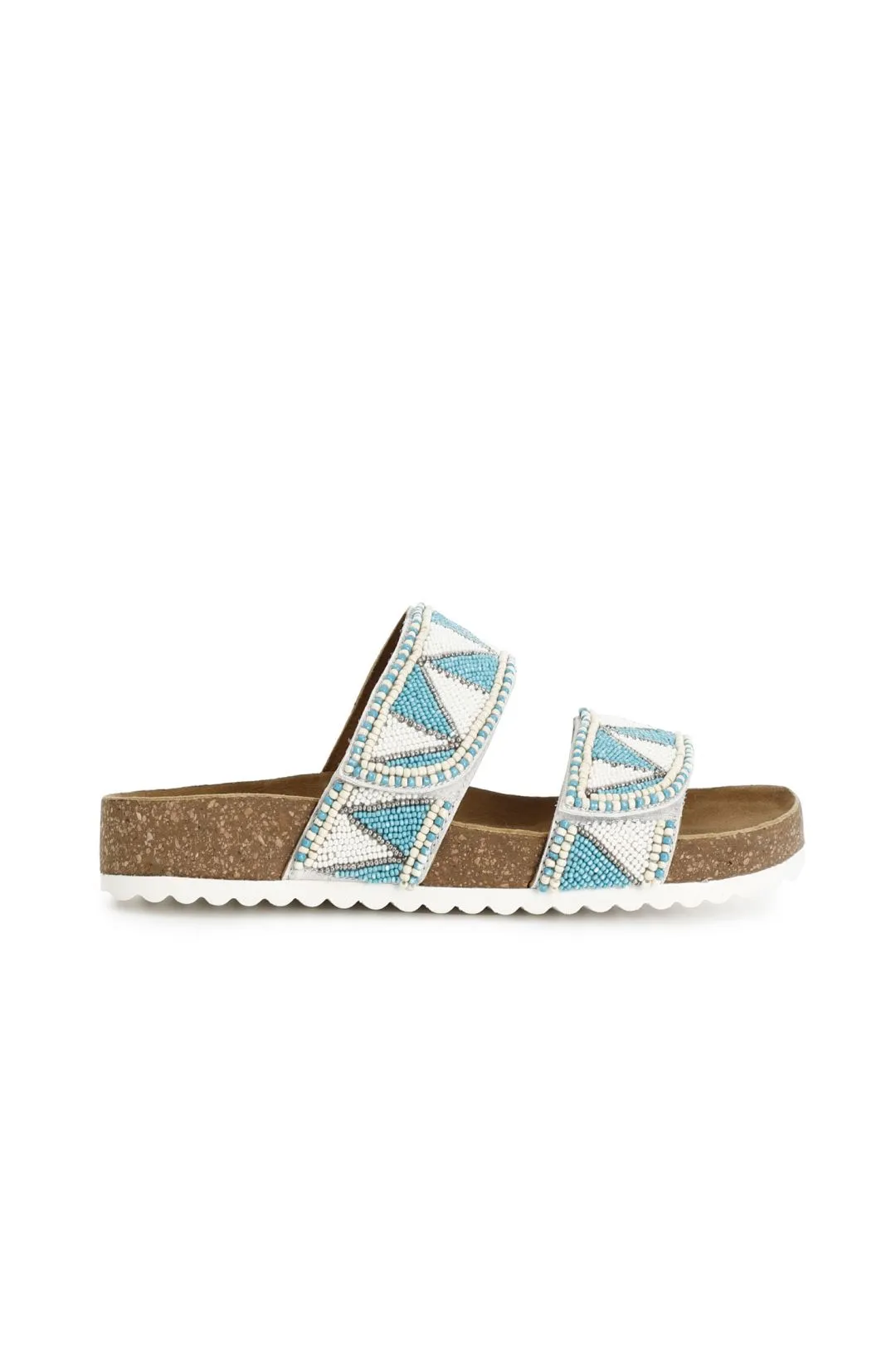 sandali bassi modello ciabatta in sughero e strass bicolor bianco/turchese
