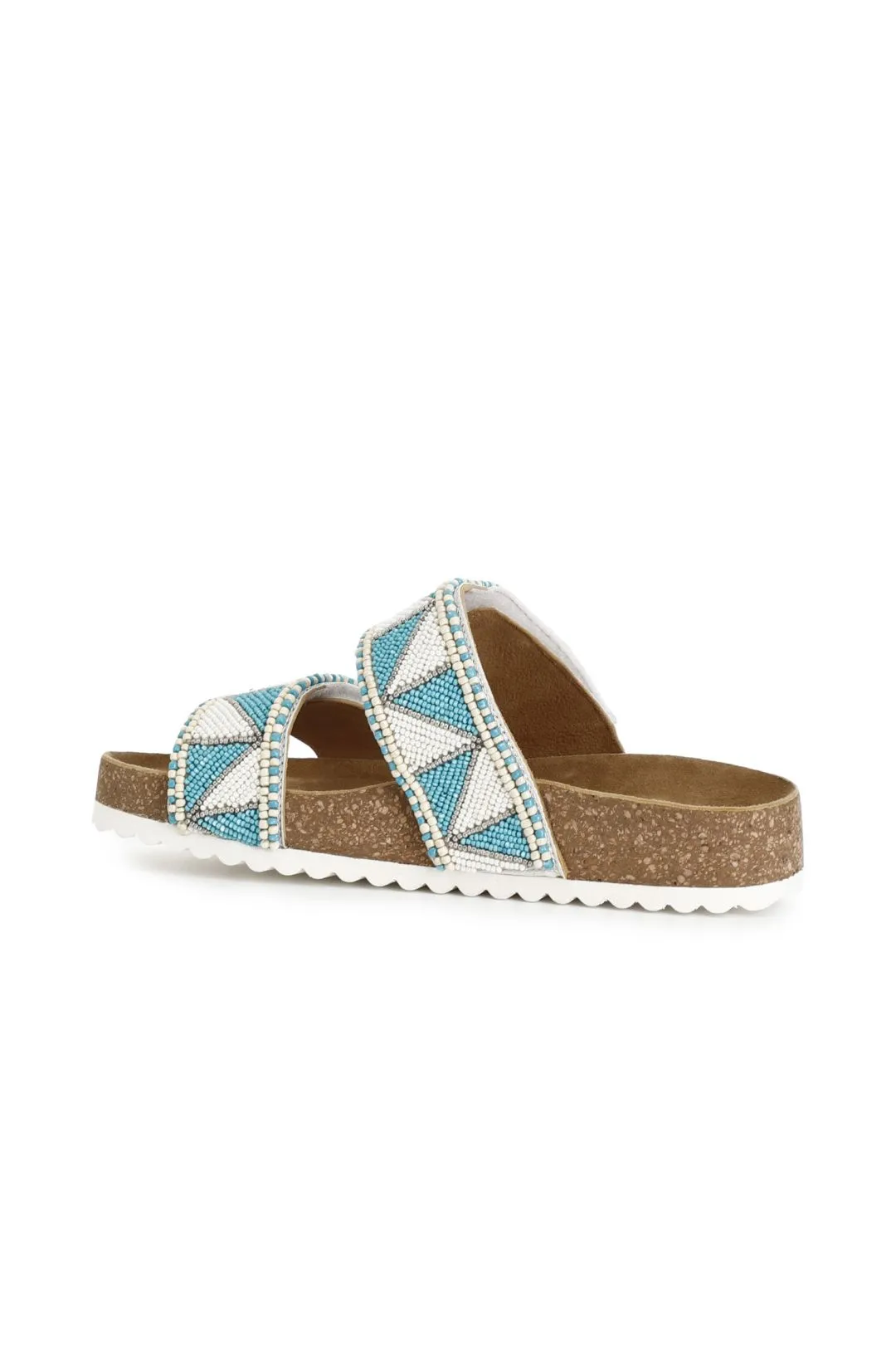 sandali bassi modello ciabatta in sughero e strass bicolor bianco/turchese