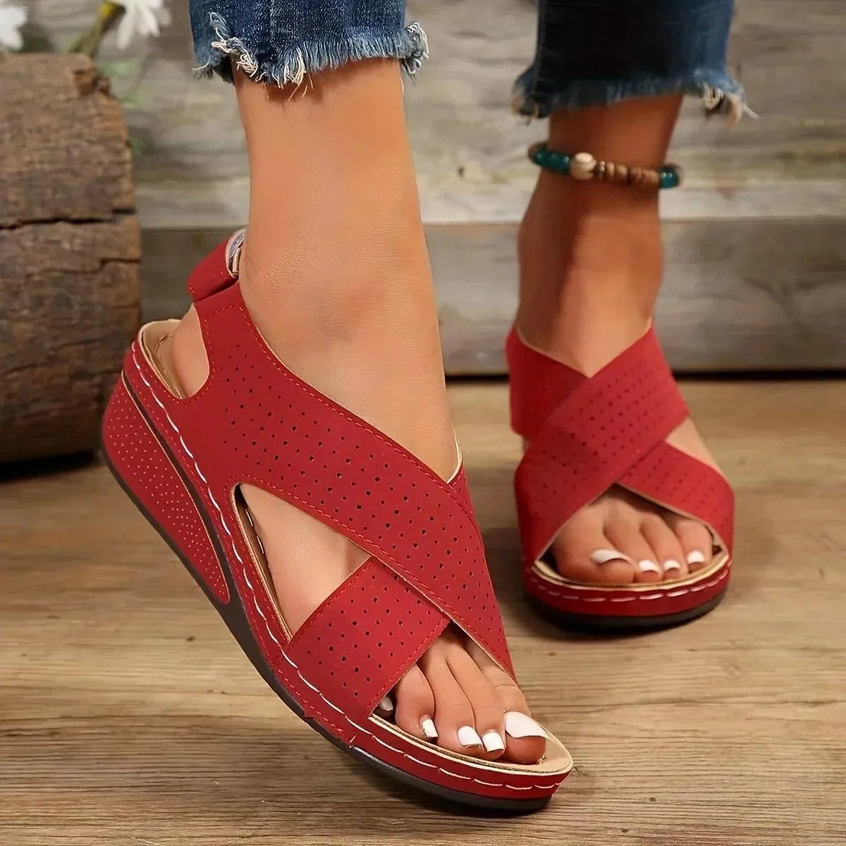 Sandali con zeppa traforata da donna, cinturino incrociato, scarpe con gancio in tinta unita, comode scarpe con plateau e suppor