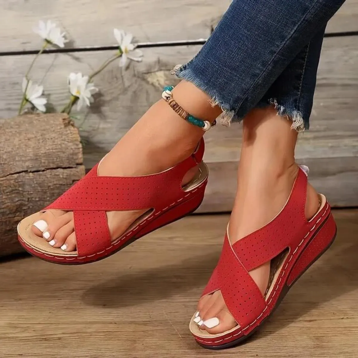 Sandali con zeppa traforata da donna, cinturino incrociato, scarpe con gancio in tinta unita, comode scarpe con plateau e suppor