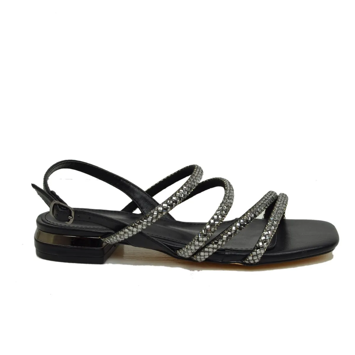 Sandali Donna Neri con Strass e Cinturino Regolabile