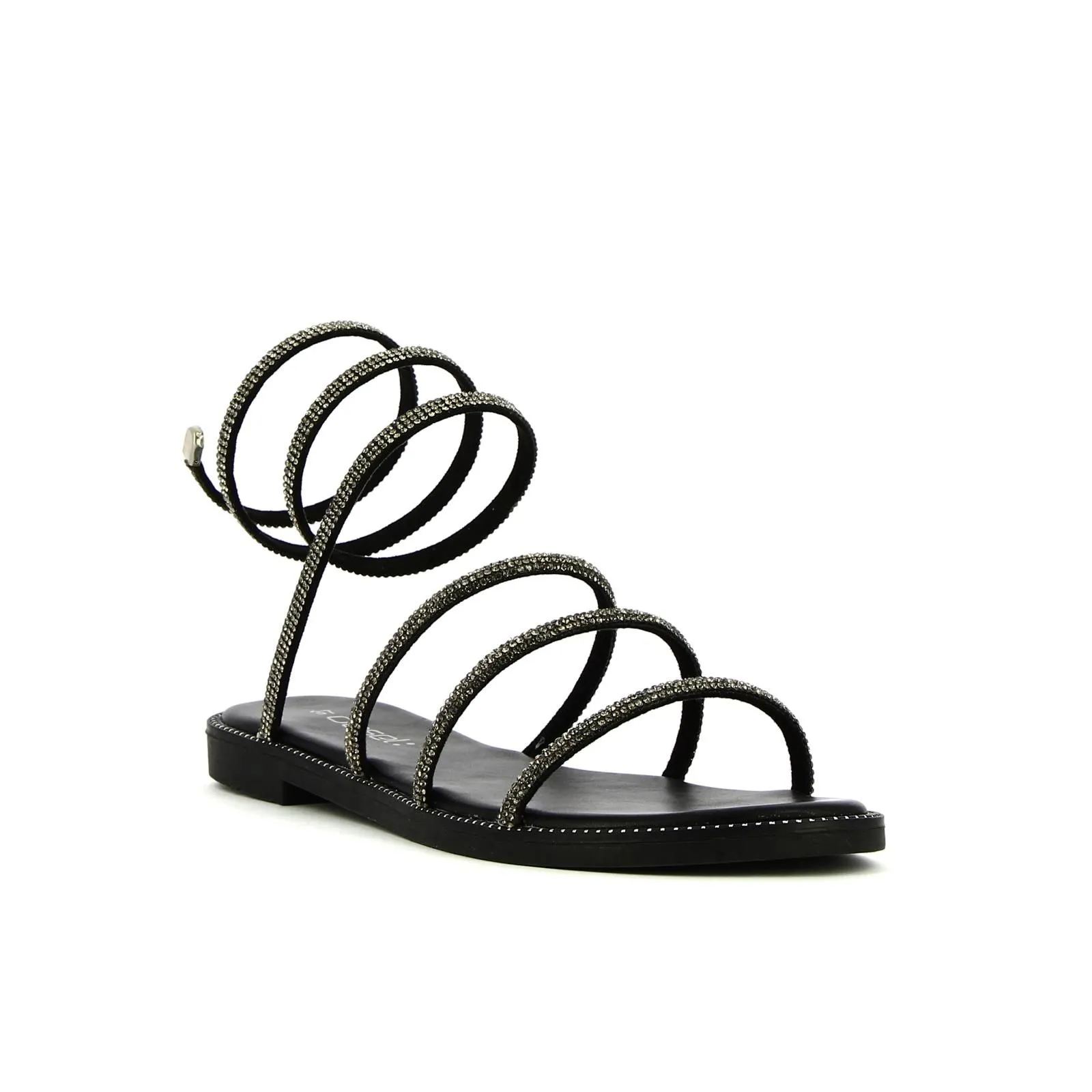 Sandali neri bassi con cinturino a spirale con strass