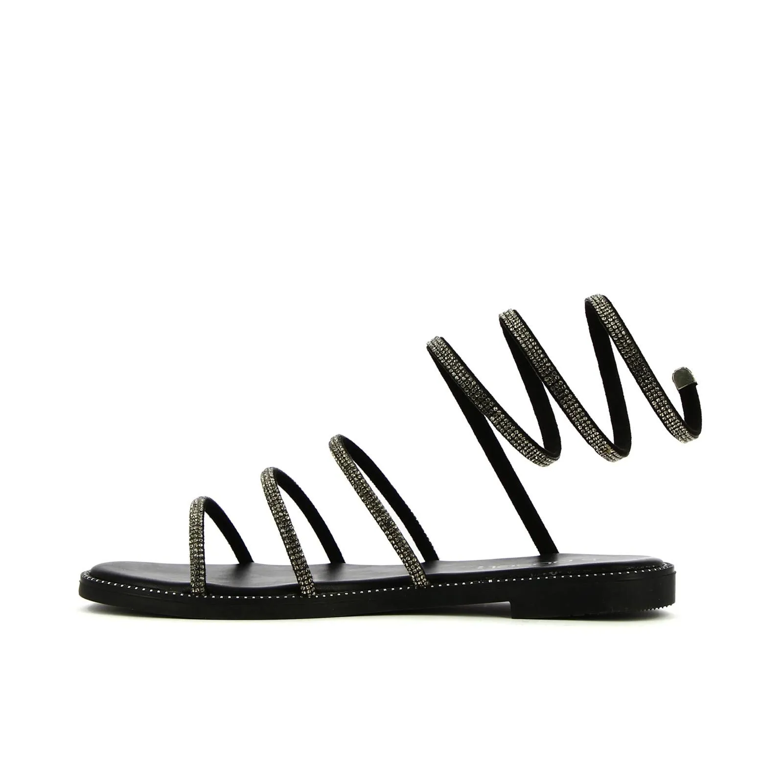 Sandali neri bassi con cinturino a spirale con strass
