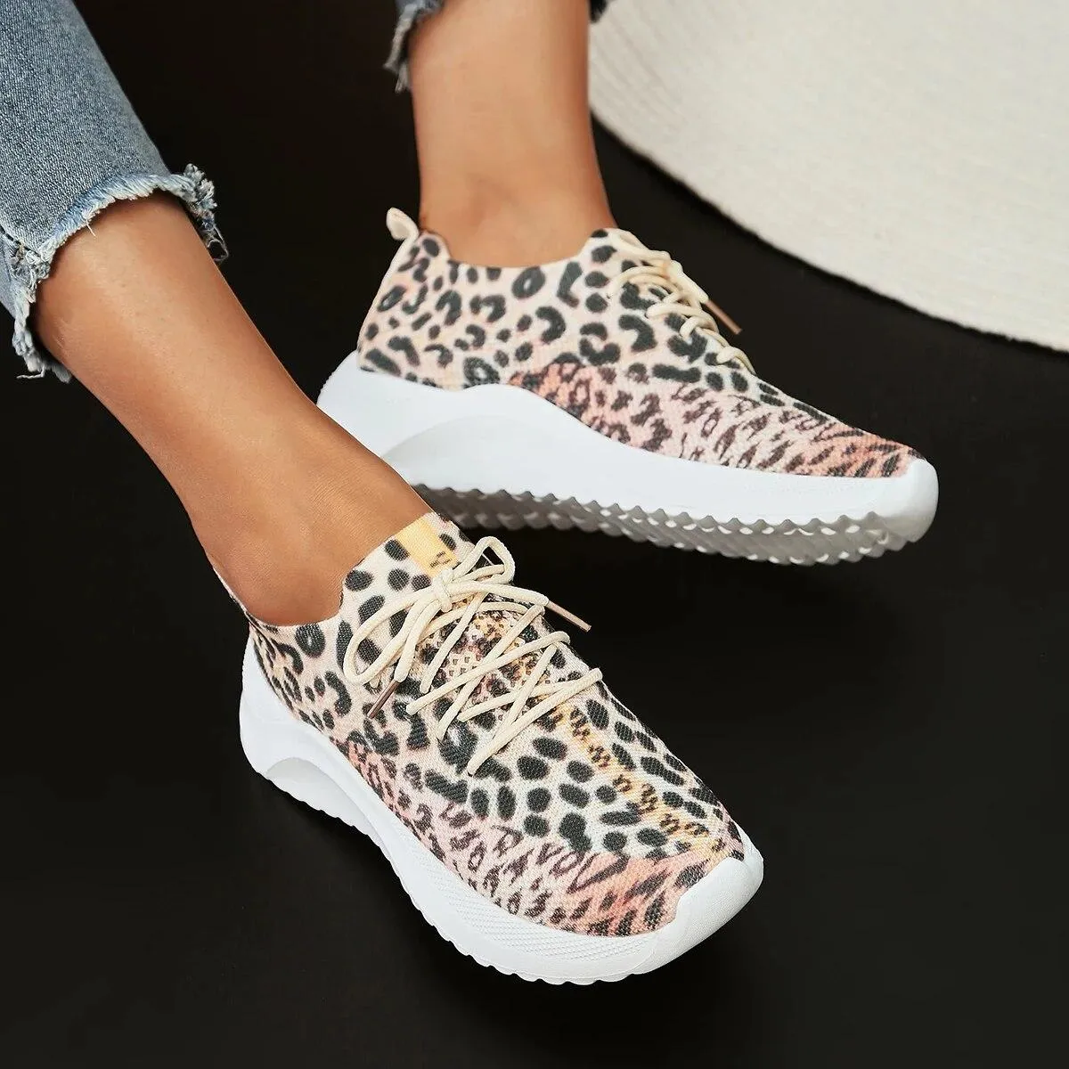 Scarpe da ginnastica leopardate da donna Scarpe basse da ginnastica in maglia Scarpe da donna leopardate da donna