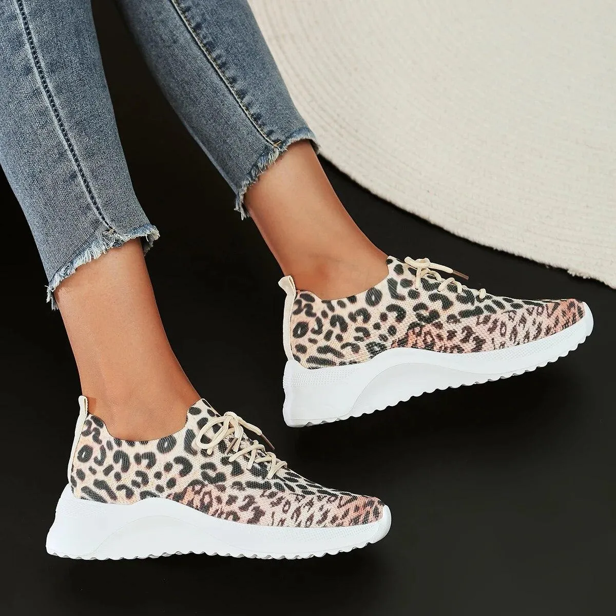Scarpe da ginnastica leopardate da donna Scarpe basse da ginnastica in maglia Scarpe da donna leopardate da donna
