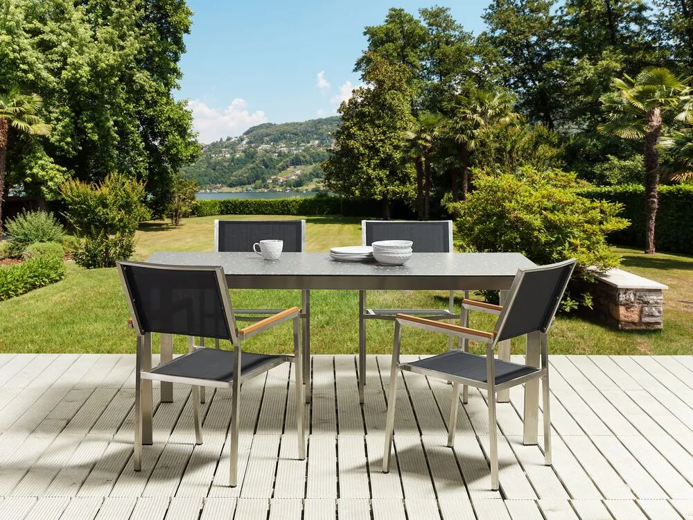 Set da pranzo da giardino 4 posti COSOLETO/GROSSETO Vetro temperato Effetto granito Nero