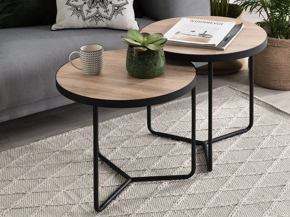 Set of 2 Coffee Tables Light Wood with Black MELODY Small and Medium