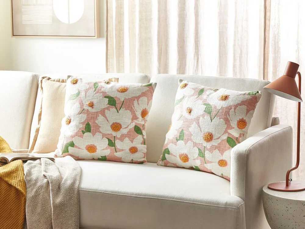 Set of 2 Decorative Cushions JATROPHA Cotton 45 x 45 cm Pink Floral Pattern