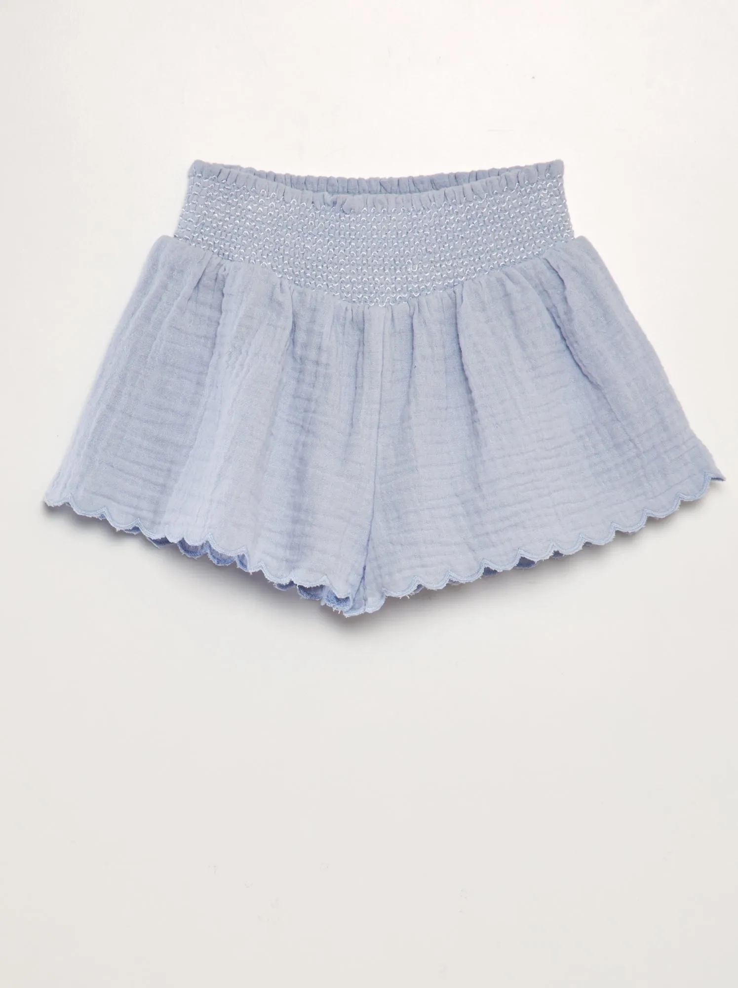 Shorts in garza di cotone con vita punto smock - BLU