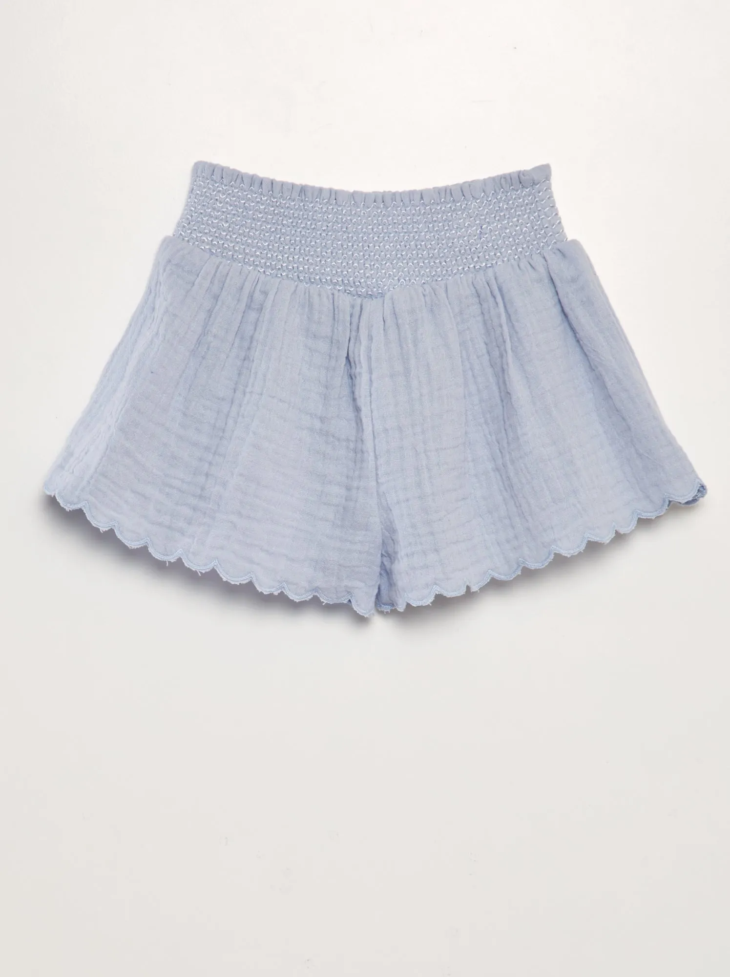 Shorts in garza di cotone con vita punto smock - BLU