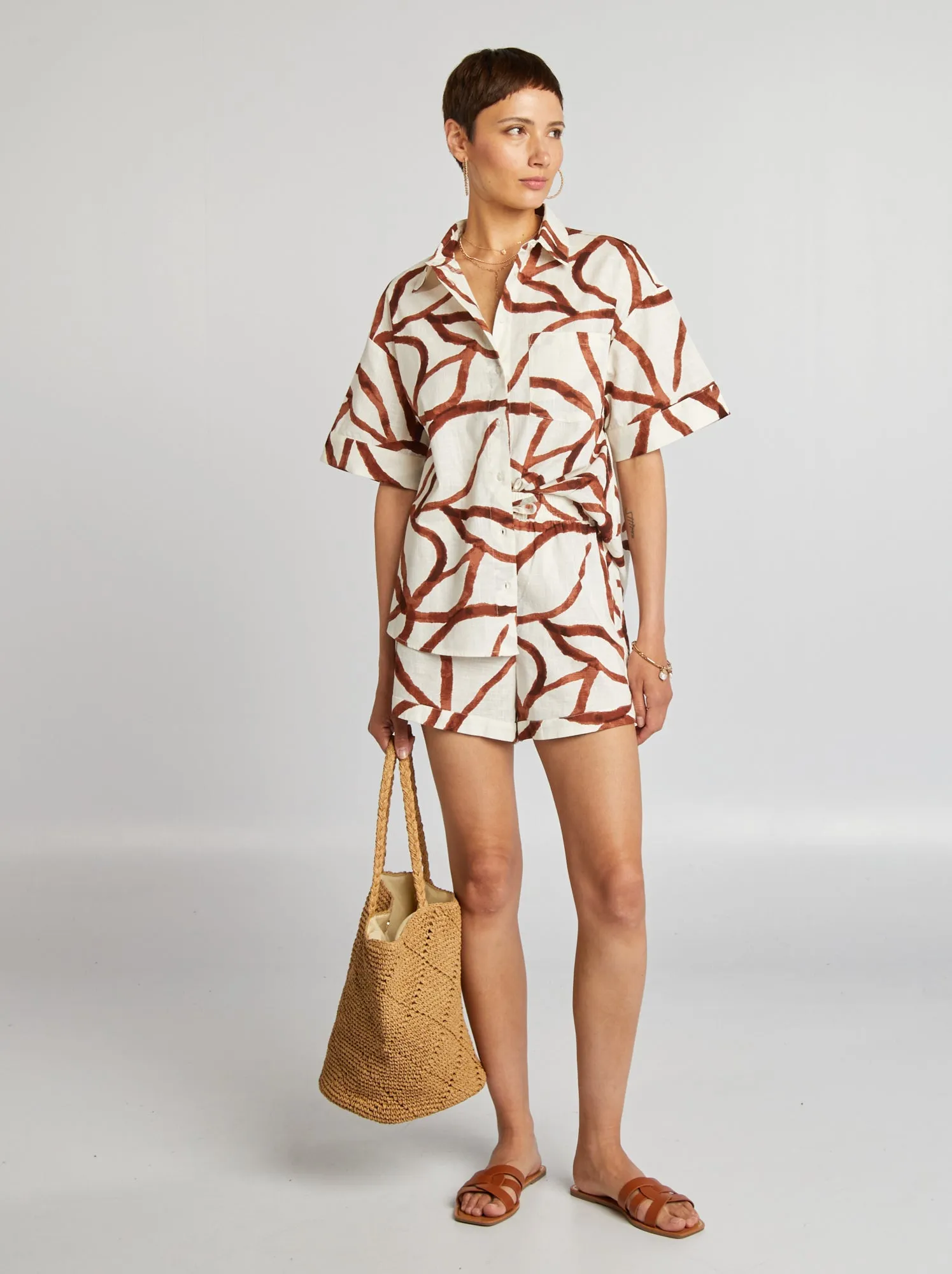 Shorts larghi stampati in cotone - MARRONE