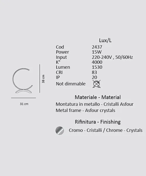 SIKREA Lux/L 2437 Lampada Moderna da Tavolo a LED con Cristalli Asfour
