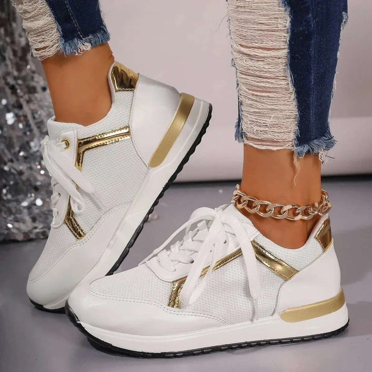 Sneakers da donna alla moda con lacci Scarpe da donna nuove primaverili con plateau Scarpe da ginnastica da donna bianche Scarpe