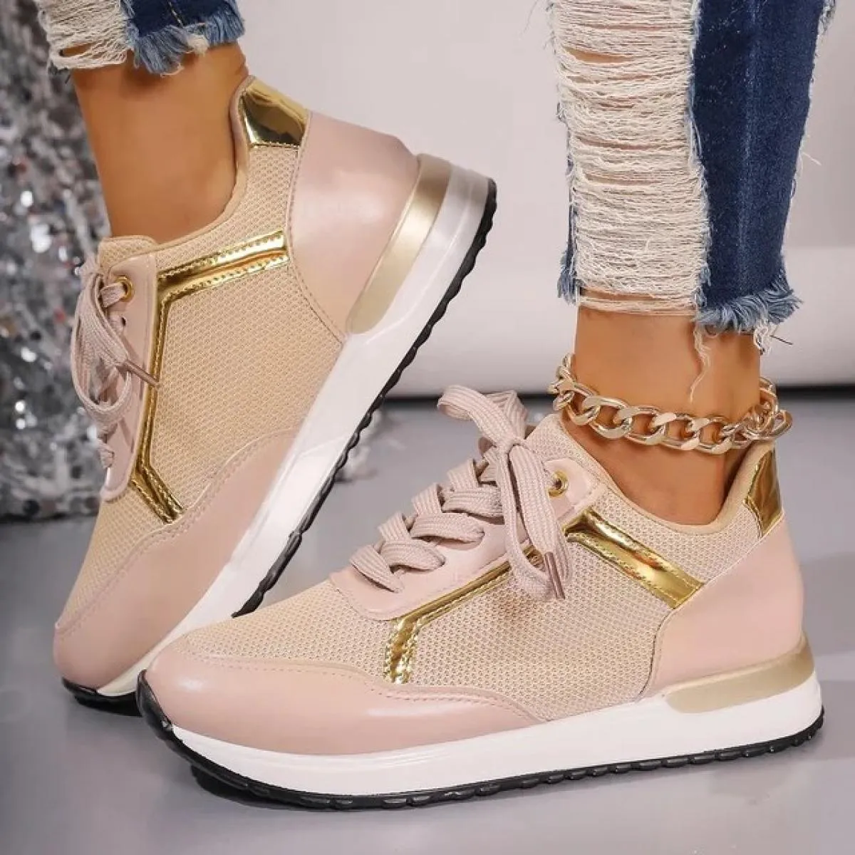 Sneakers da donna alla moda con lacci Scarpe da donna nuove primaverili con plateau Scarpe da ginnastica da donna bianche Scarpe