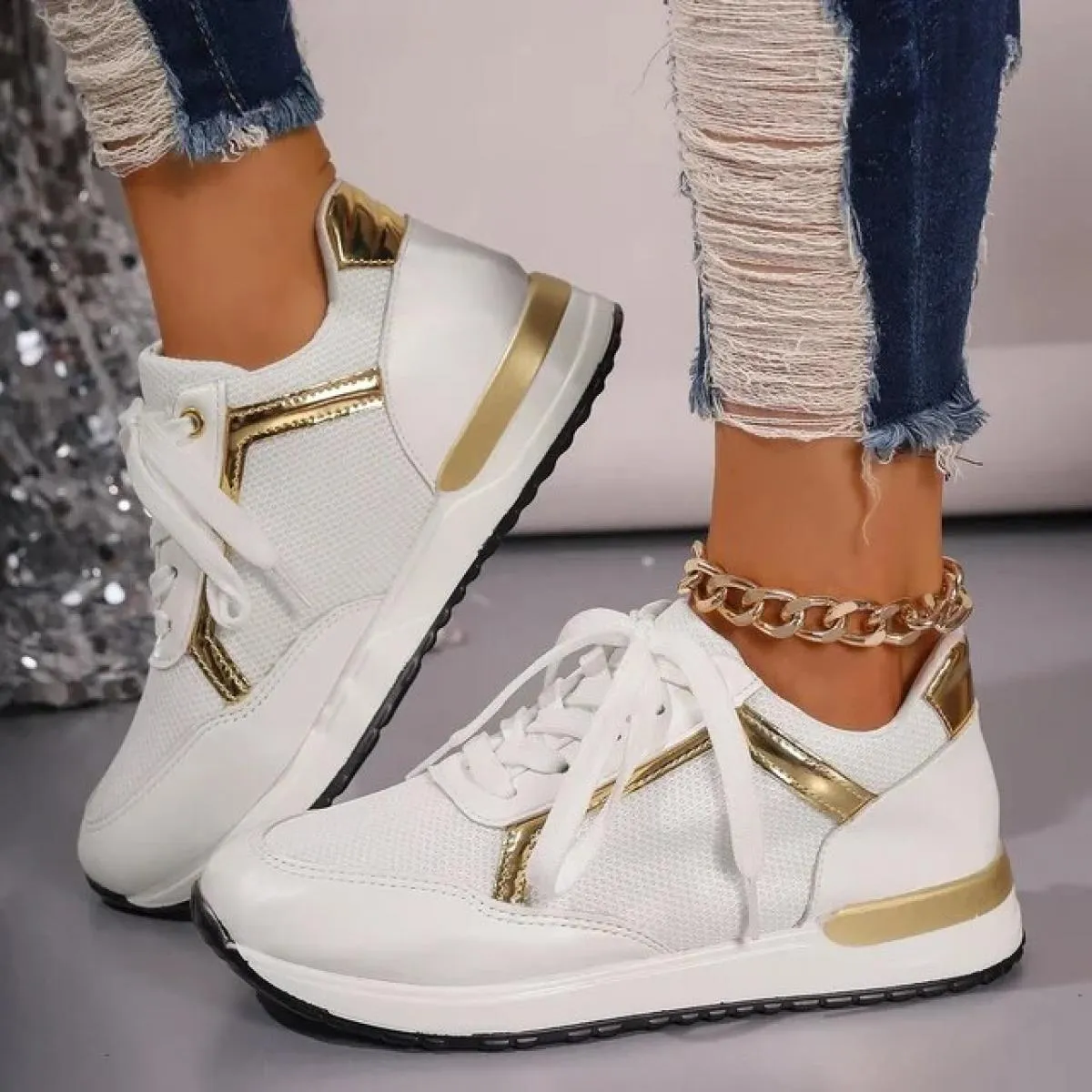 Sneakers da donna alla moda con lacci Scarpe da donna nuove primaverili con plateau Scarpe da ginnastica da donna bianche Scarpe