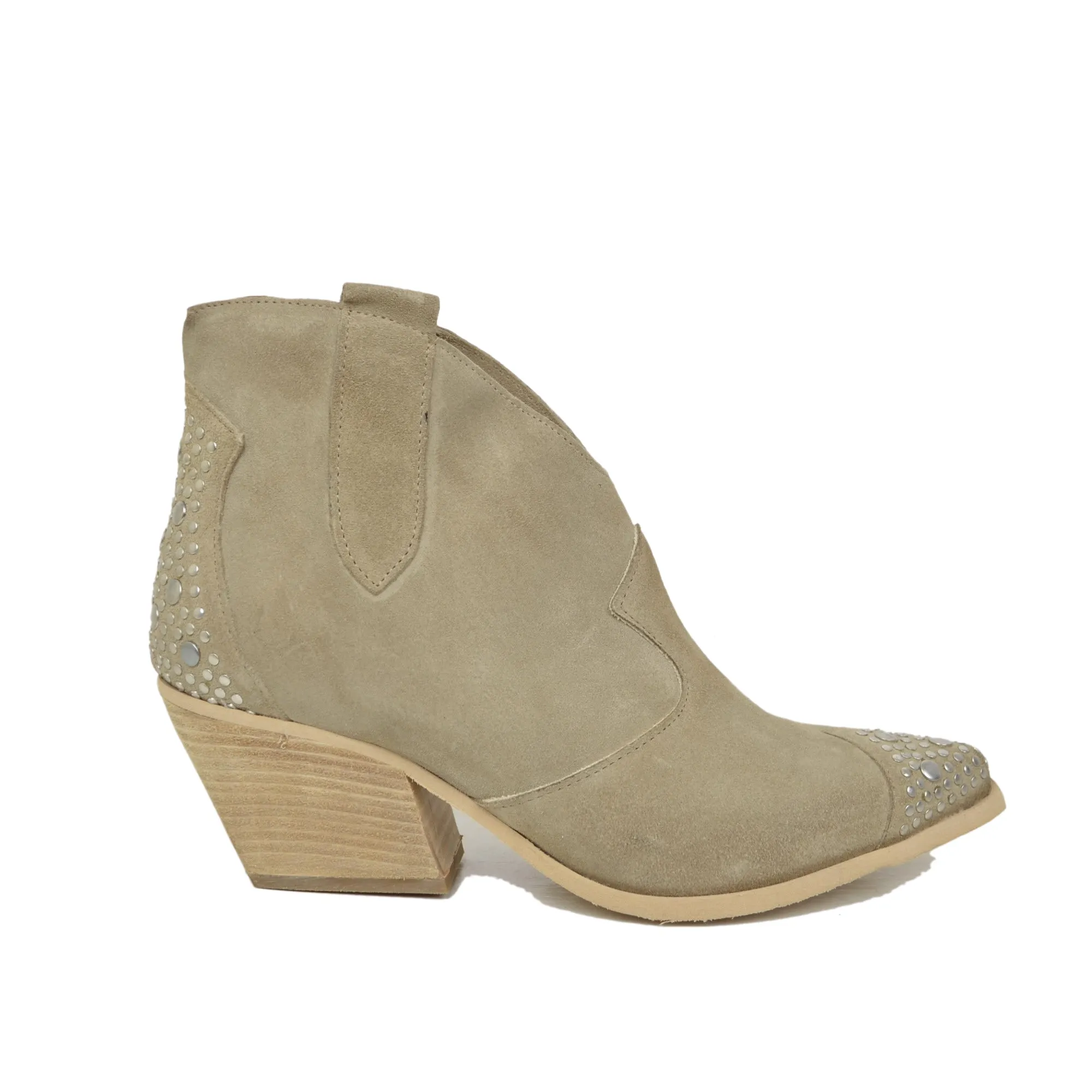 Stivaletti Texani Donna Borchiati in Pelle Scamosciata Beige
