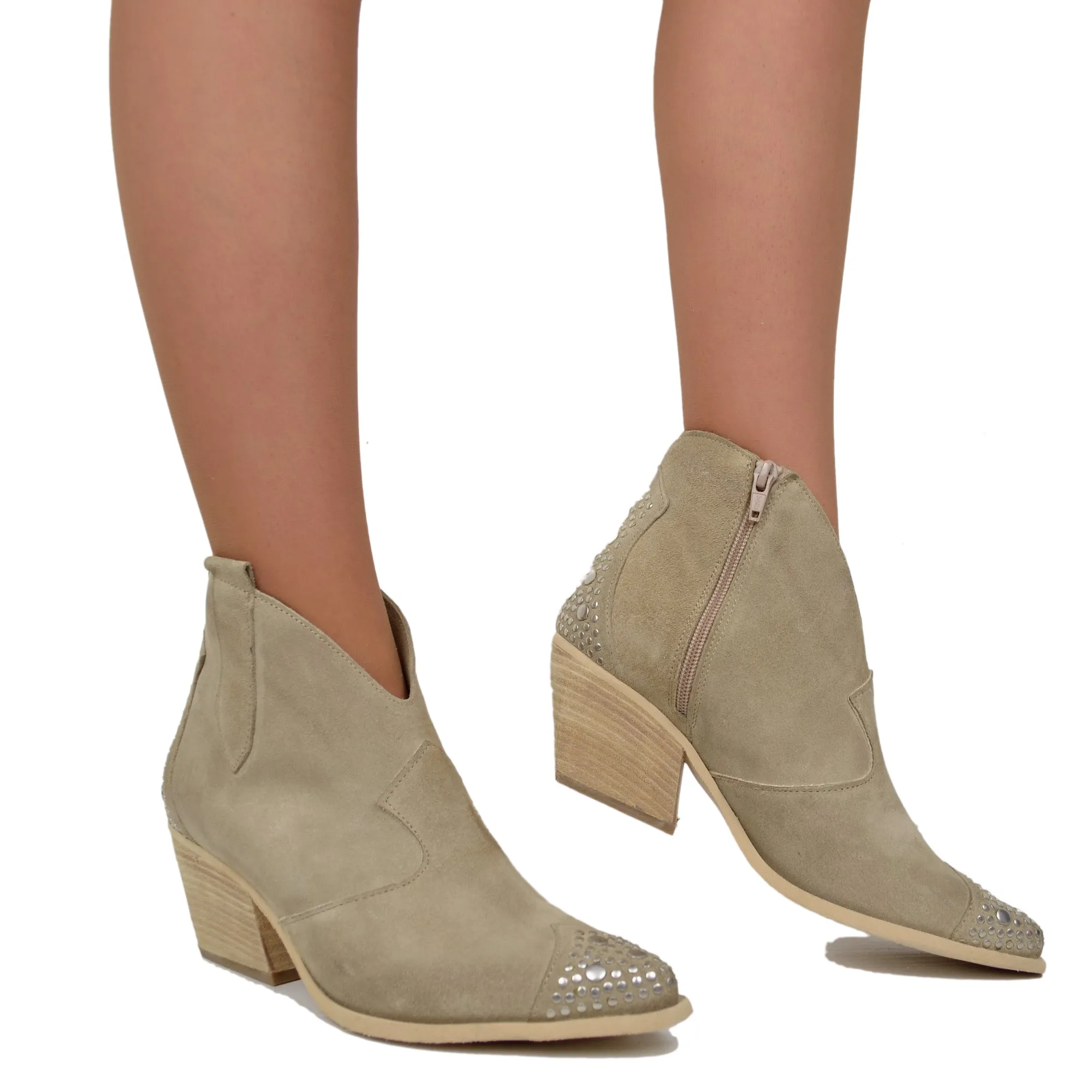 Stivaletti Texani Donna Borchiati in Pelle Scamosciata Beige