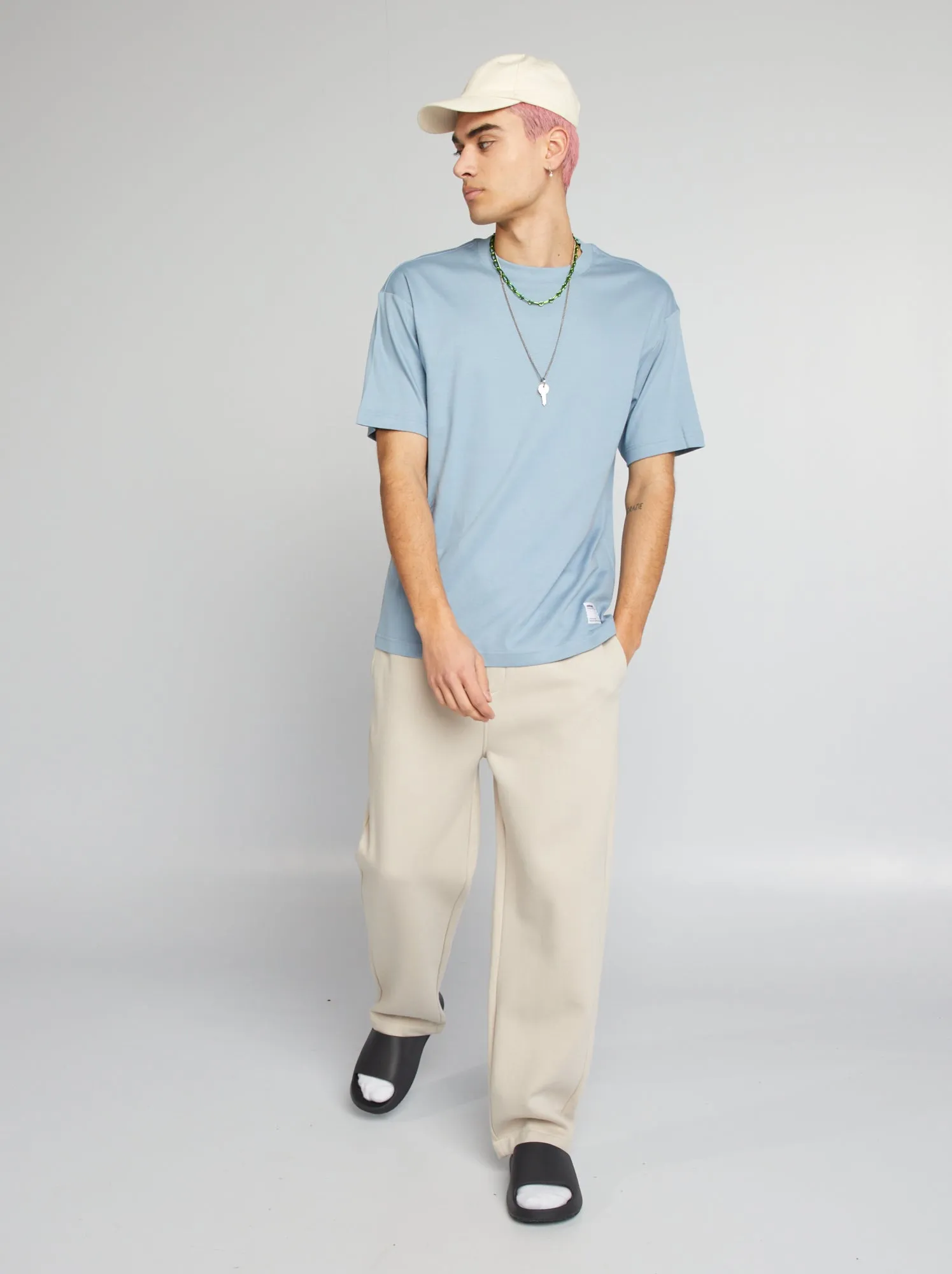 T-shirt scollo tondo in cotone - BLU