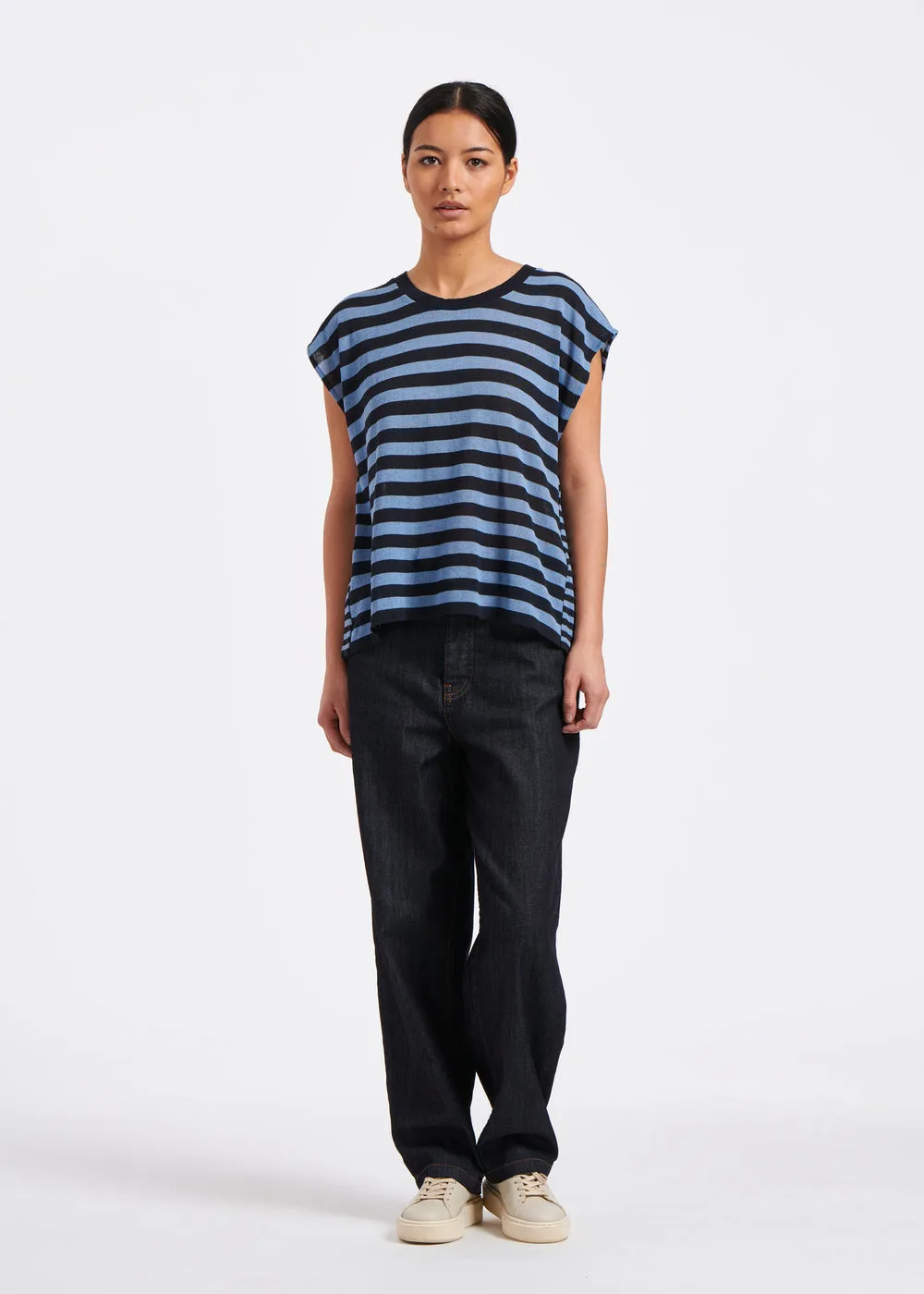 Thin sleeveless sweater with blue stripes