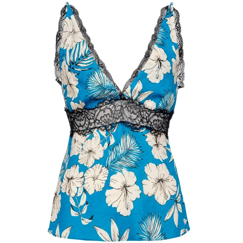 Top in raso stampa fiori e pizzo 