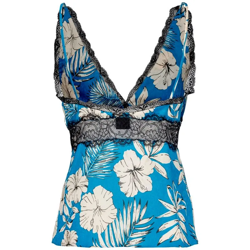Top in raso stampa fiori e pizzo 