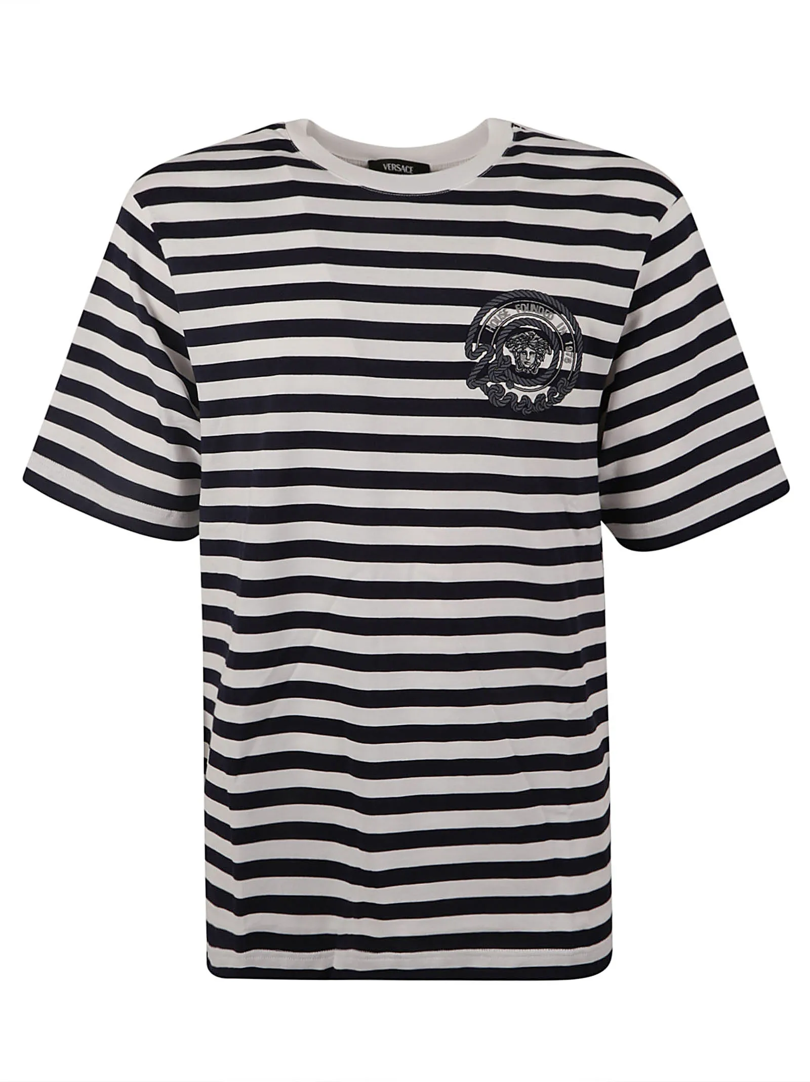 VERSACET-SHIRT STRIPED JERSEY FABRIC + EMBROIDERED VERSACE NAUTICAL EMBLEM White+Navy Blue