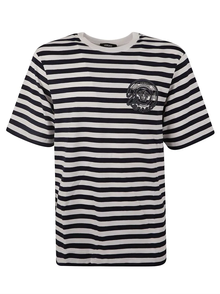 VERSACET-SHIRT STRIPED JERSEY FABRIC + EMBROIDERED VERSACE NAUTICAL EMBLEM White+Navy Blue