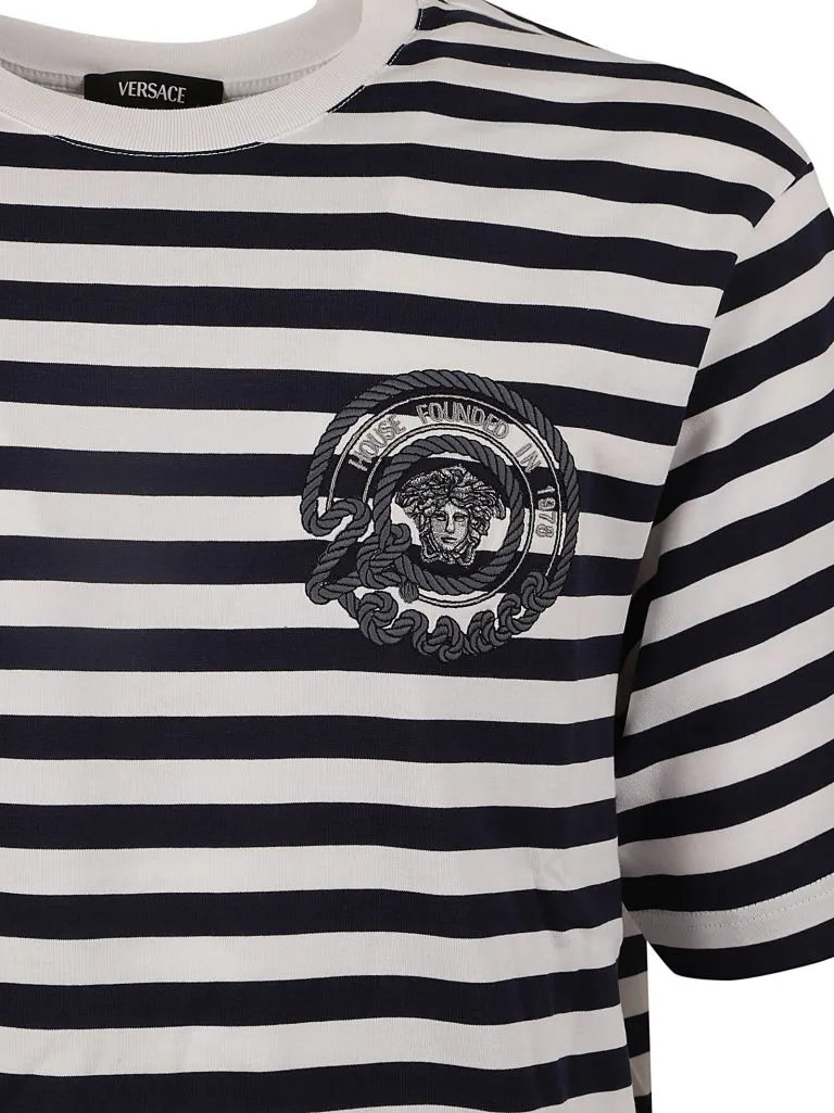 VERSACET-SHIRT STRIPED JERSEY FABRIC + EMBROIDERED VERSACE NAUTICAL EMBLEM White+Navy Blue