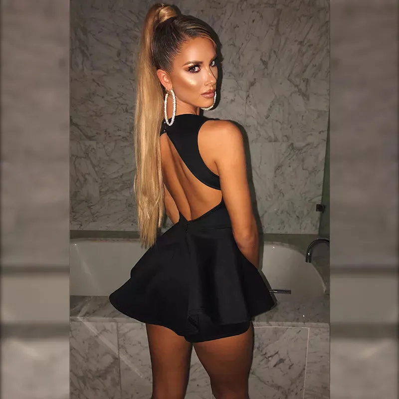 Vestitino Corto Donna Elegante Tinta Unita Scollo V Americano Profondo Schiena Scoperta