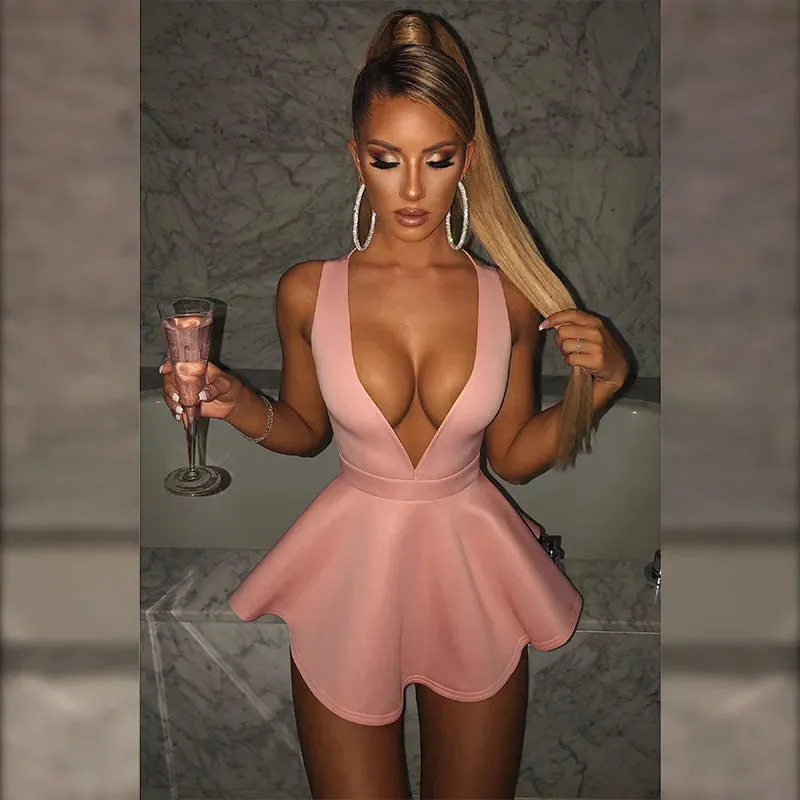 Vestitino Corto Donna Elegante Tinta Unita Scollo V Americano Profondo Schiena Scoperta
