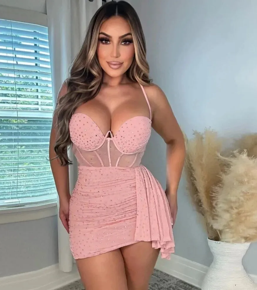 Vestito Donna Elegante Schiena Scoperta Scollo Cuore Bretelle Elastico Aderente Corsetto Trasparenza