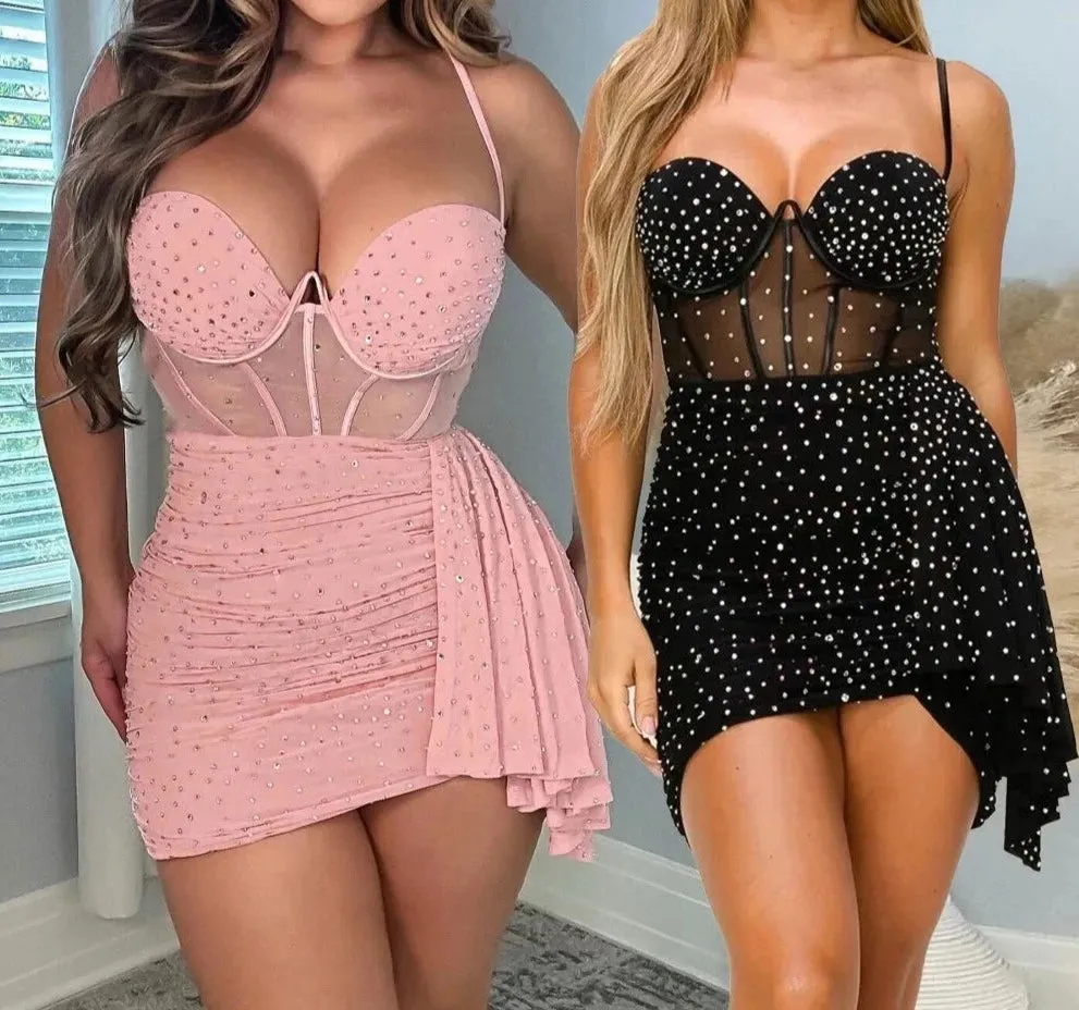Vestito Donna Elegante Schiena Scoperta Scollo Cuore Bretelle Elastico Aderente Corsetto Trasparenza