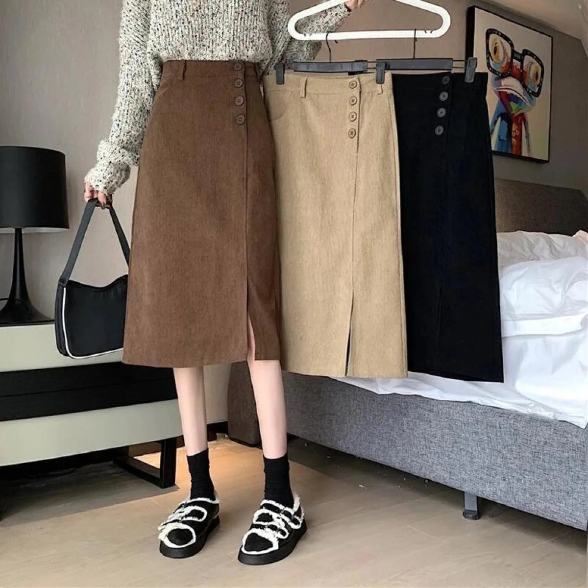 Xpqbb Gonne in velluto a coste autunno inverno Gonna a linea A con spacco laterale a vita alta femminile Bottoni eleganti che de