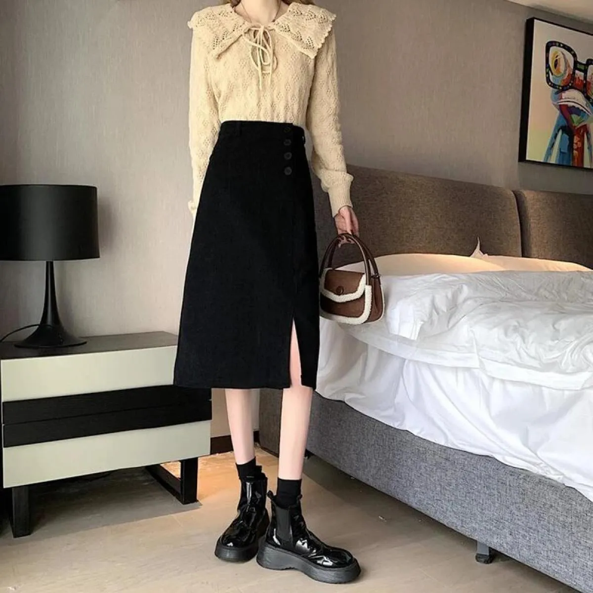 Xpqbb Gonne in velluto a coste autunno inverno Gonna a linea A con spacco laterale a vita alta femminile Bottoni eleganti che de