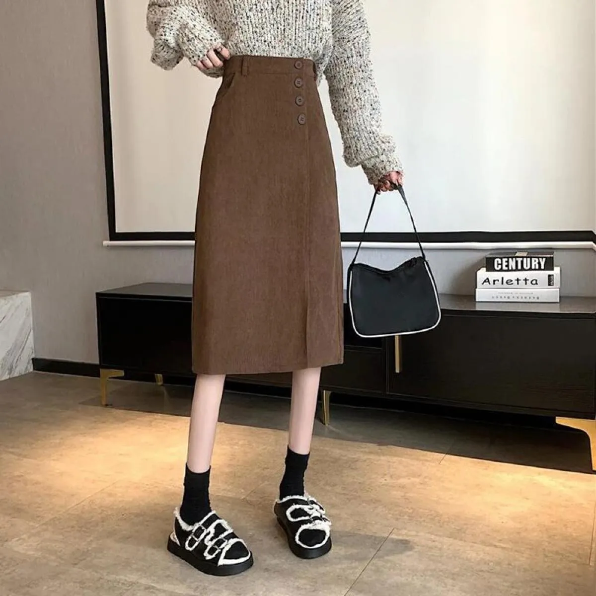 Xpqbb Gonne in velluto a coste autunno inverno Gonna a linea A con spacco laterale a vita alta femminile Bottoni eleganti che de