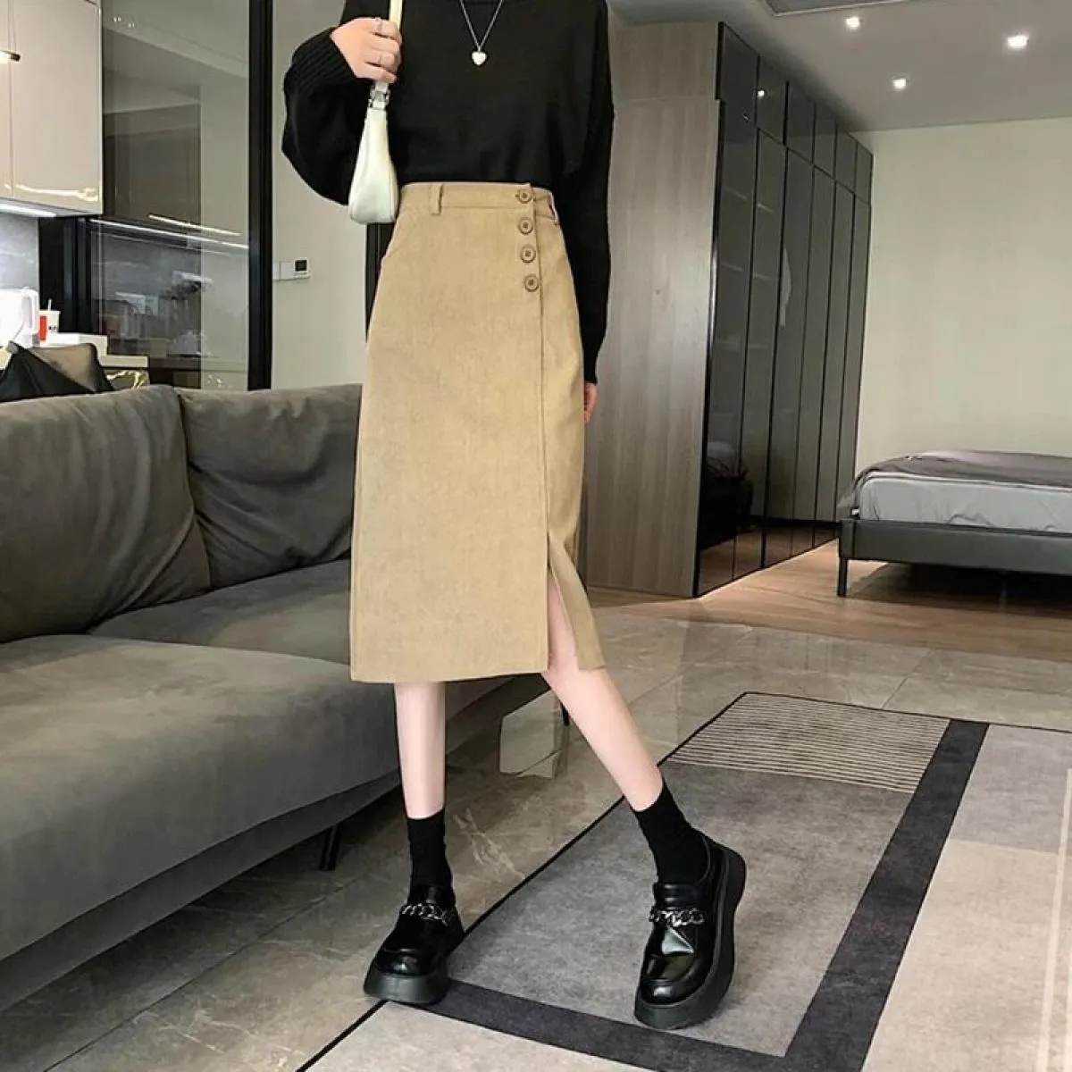 Xpqbb Gonne in velluto a coste autunno inverno Gonna a linea A con spacco laterale a vita alta femminile Bottoni eleganti che de