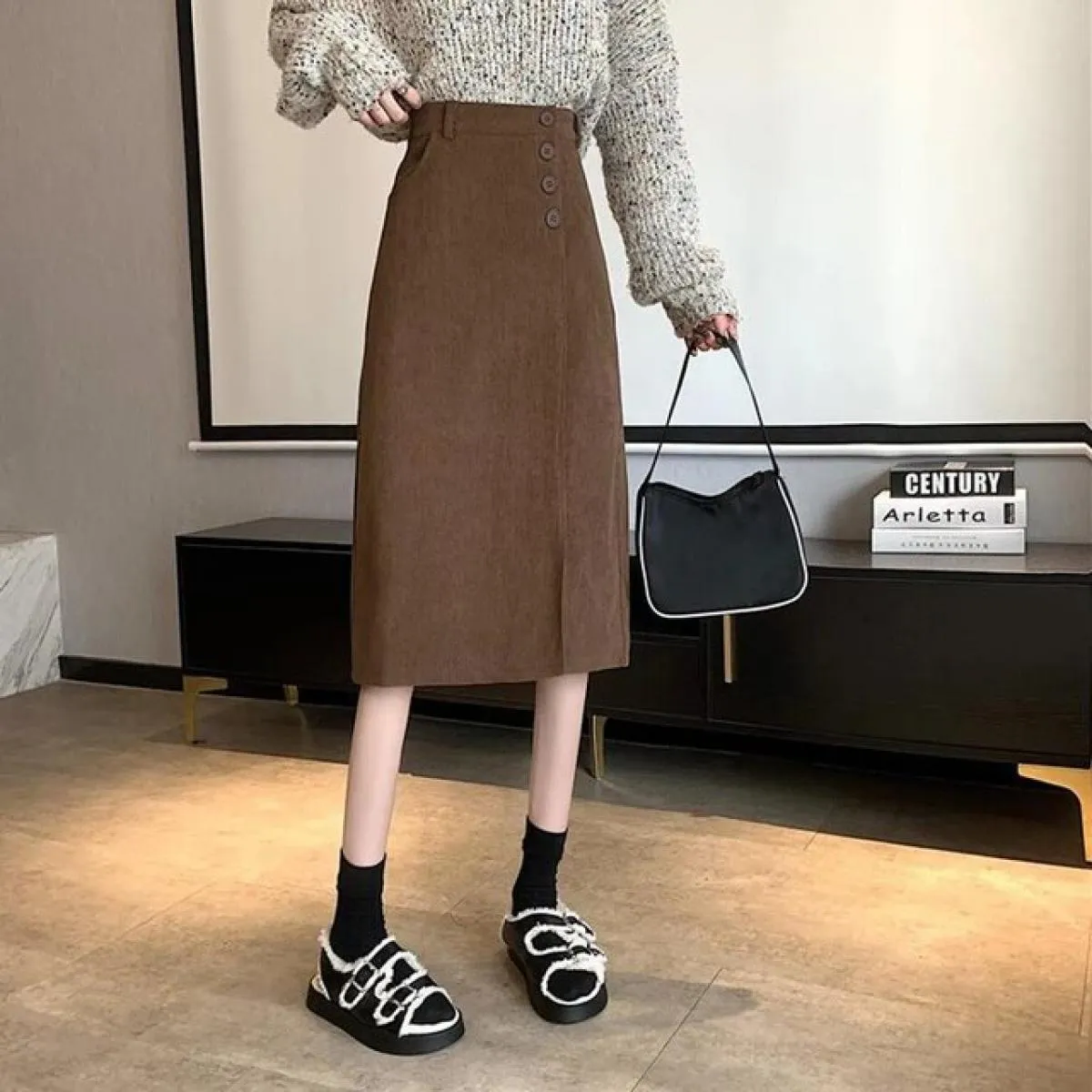 Xpqbb Gonne in velluto a coste autunno inverno Gonna a linea A con spacco laterale a vita alta femminile Bottoni eleganti che de
