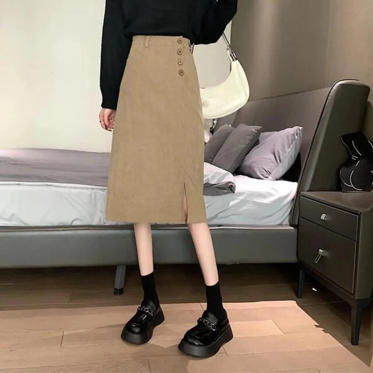 Xpqbb Gonne in velluto a coste autunno inverno Gonna a linea A con spacco laterale a vita alta femminile Bottoni eleganti che de