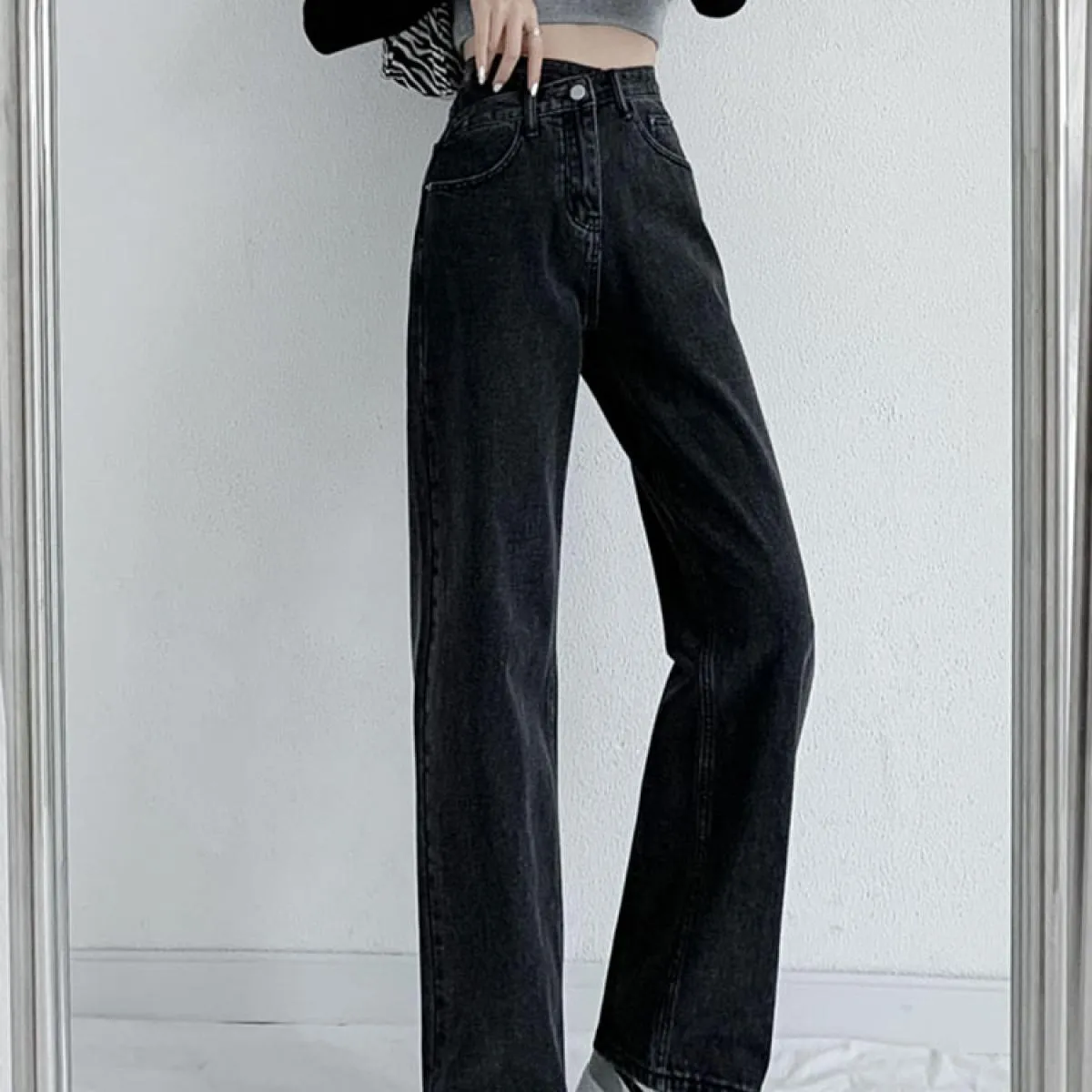 Zoki Jeans a vita alta Donna Moda Pantaloni larghi irregolari Streetwear Tasche larghe Pantaloni denim casual Pantaloni retrò