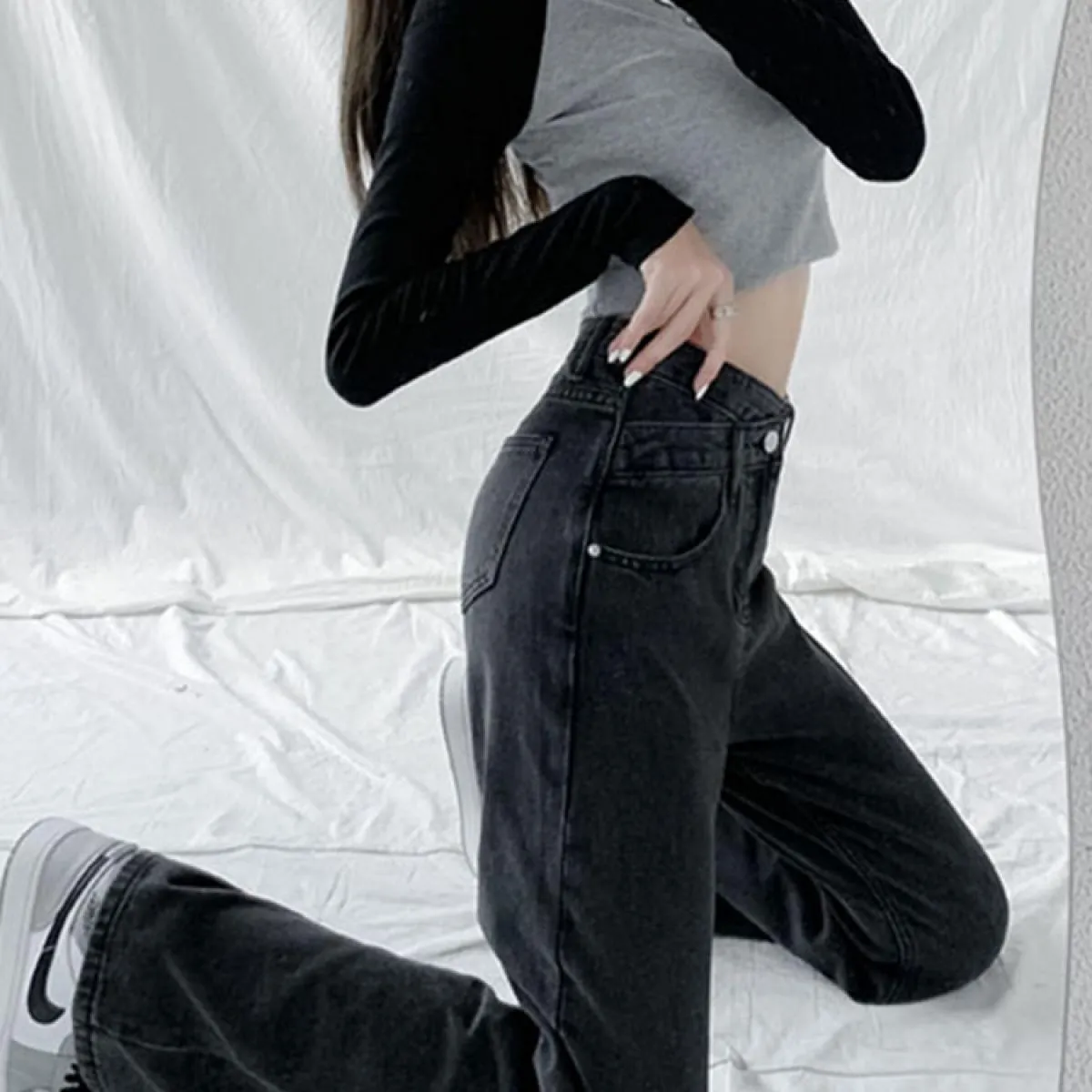 Zoki Jeans a vita alta Donna Moda Pantaloni larghi irregolari Streetwear Tasche larghe Pantaloni denim casual Pantaloni retrò