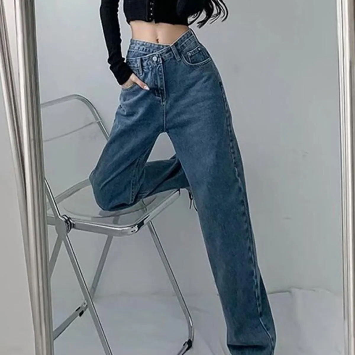 Zoki Jeans a vita alta Donna Moda Pantaloni larghi irregolari Streetwear Tasche larghe Pantaloni denim casual Pantaloni retrò