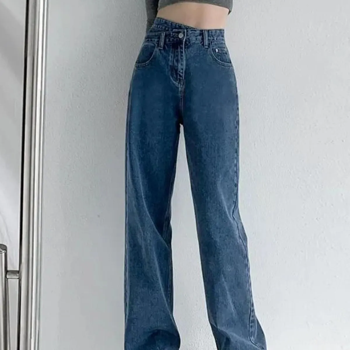 Zoki Jeans a vita alta Donna Moda Pantaloni larghi irregolari Streetwear Tasche larghe Pantaloni denim casual Pantaloni retrò