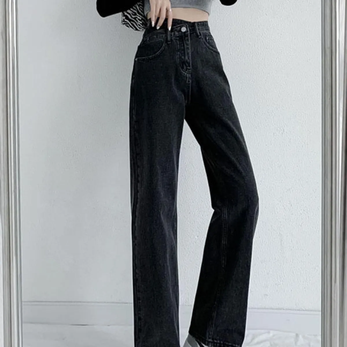 Zoki Jeans a vita alta Donna Moda Pantaloni larghi irregolari Streetwear Tasche larghe Pantaloni denim casual Pantaloni retrò